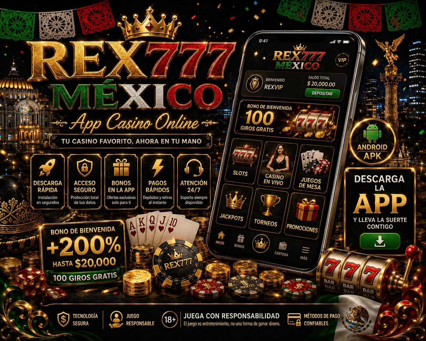 REX777 - visual principal de la app móvil Escena de app móvil de REX777 con teléfono Android, monedas y elementos de interfaz de juego
