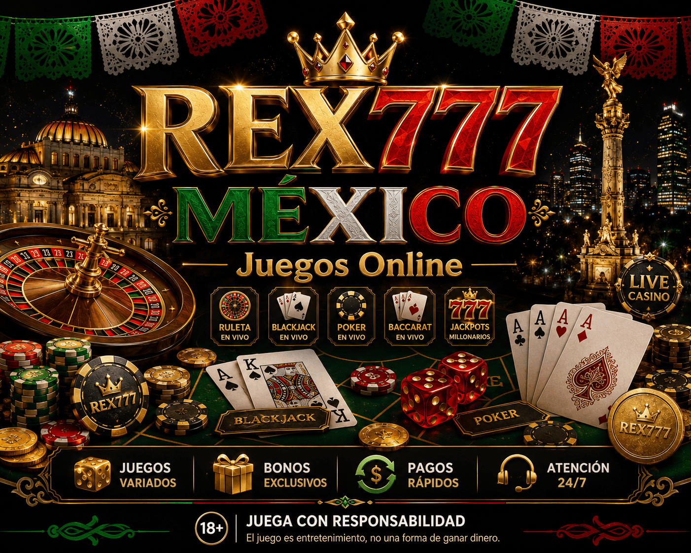 REX777 - visual de juegos y mesas en vivo Escena de juegos de REX777 con mesas en vivo, cartas, fichas y símbolos de casino