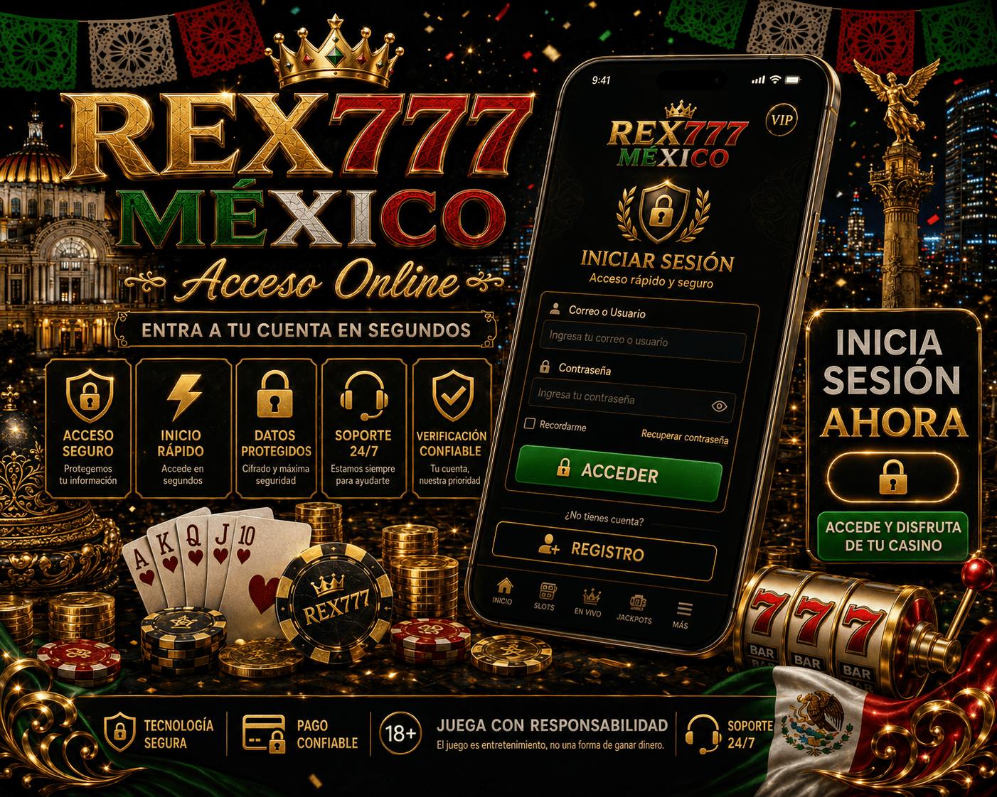 REX777 - acceso seguro e inicio de sesión Pantalla de acceso a la cuenta de REX777 en un dispositivo móvil con elementos de inicio seguro